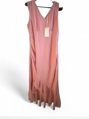 Grace Karin Blush Pink Satin Midi Dress XL Ruffle Hem V Neck NWT